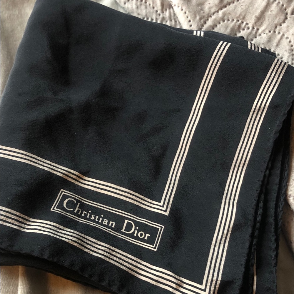 Dior Black Silk scarf with White Stripe Trim